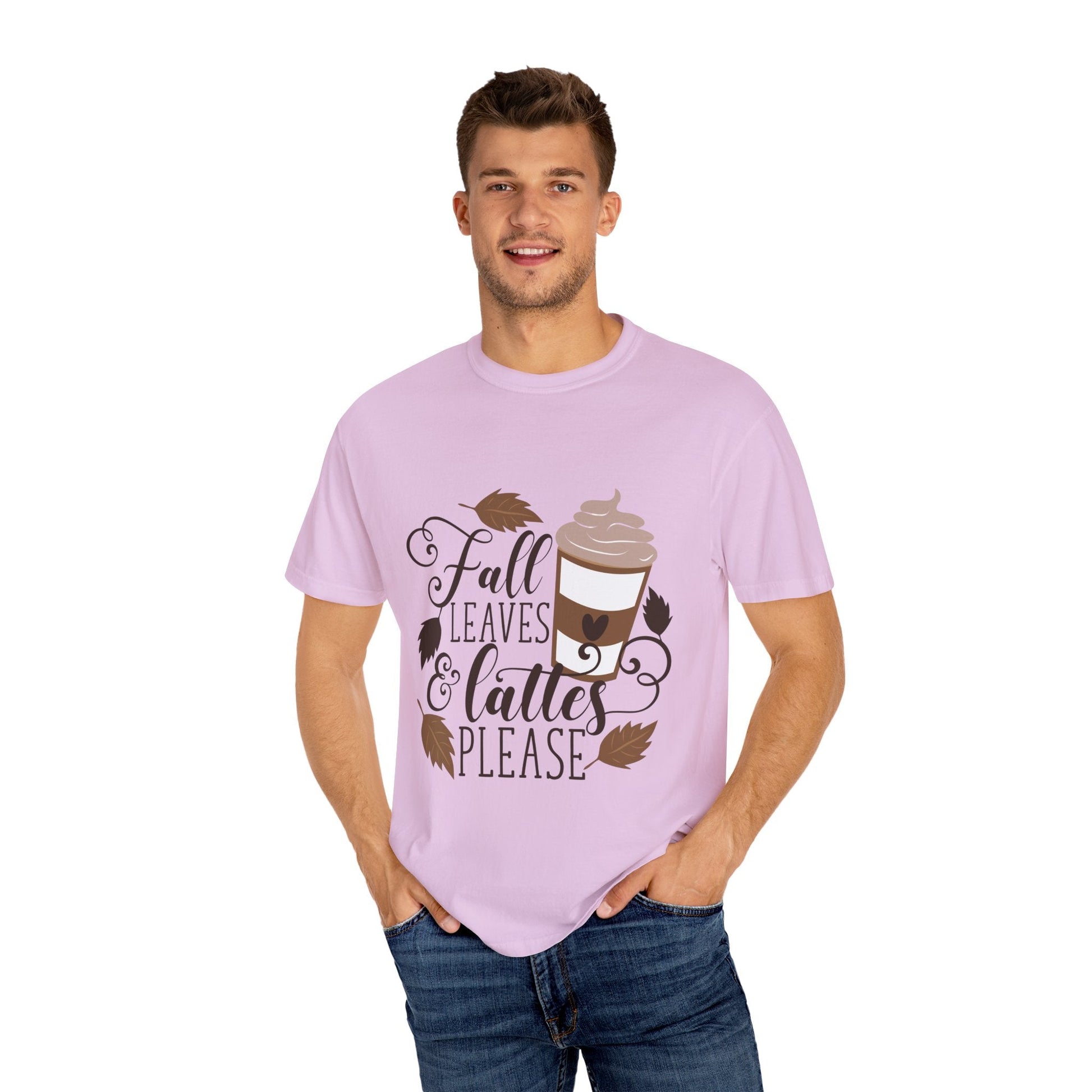 Fall Leaves & Lattes Unisex T-Shirt, Cozy Autumn Tee, Perfect for Fall, Coffee Lovers Gift, Seasonal Fashion Statement, Thanksgiving Shirt - MaisonThreadory