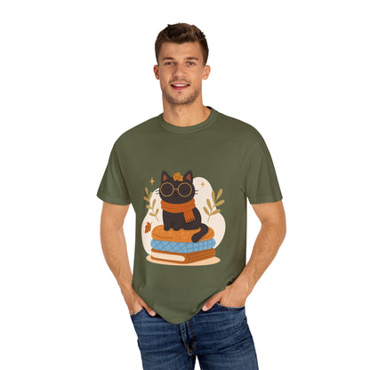 Charming Cat Graphic T-Shirt, Cozy Autumn Tee with Books and Glasses, Perfect for Cat Lovers, Gift for Bookworms, Unisex Fall Fashion - MaisonThreadory