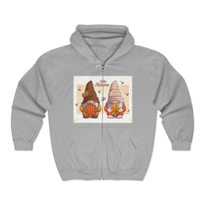 Autumn Gnome Full Zip Hoodie | Cozy Fall Wear, Gift for Gnome Lovers, Halloween Sweatshirt, Thanksgiving Apparel, Seasonal Fashion - MaisonThreadory