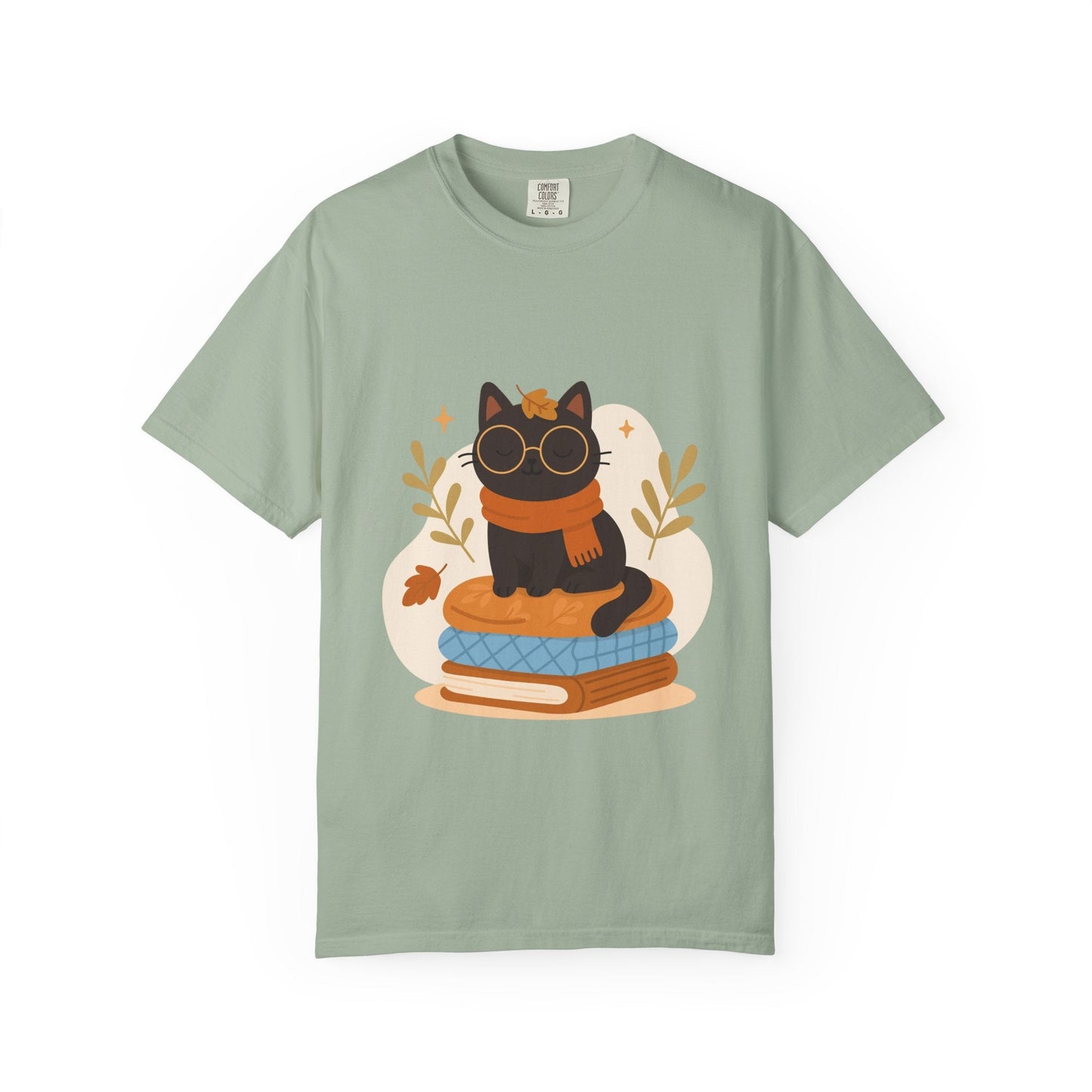 Charming Cat Graphic T-Shirt, Cozy Autumn Tee with Books and Glasses, Perfect for Cat Lovers, Gift for Bookworms, Unisex Fall Fashion - MaisonThreadory