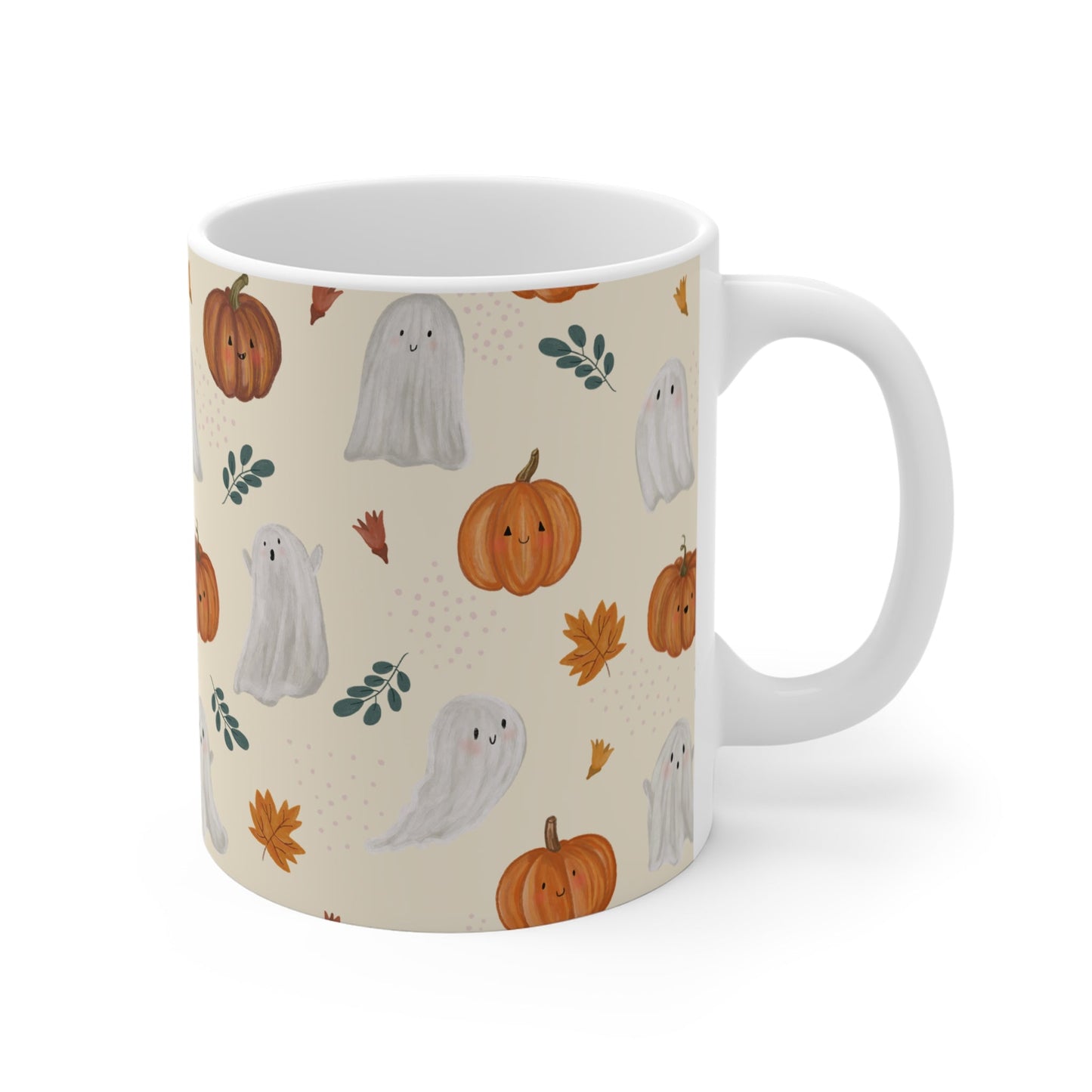 Autumn Ghosts Mug, Fall Coffee Cup, Halloween Drinkware, Cute Pumpkin Mug, Seasonal Ceramic Mug - MaisonThreadory