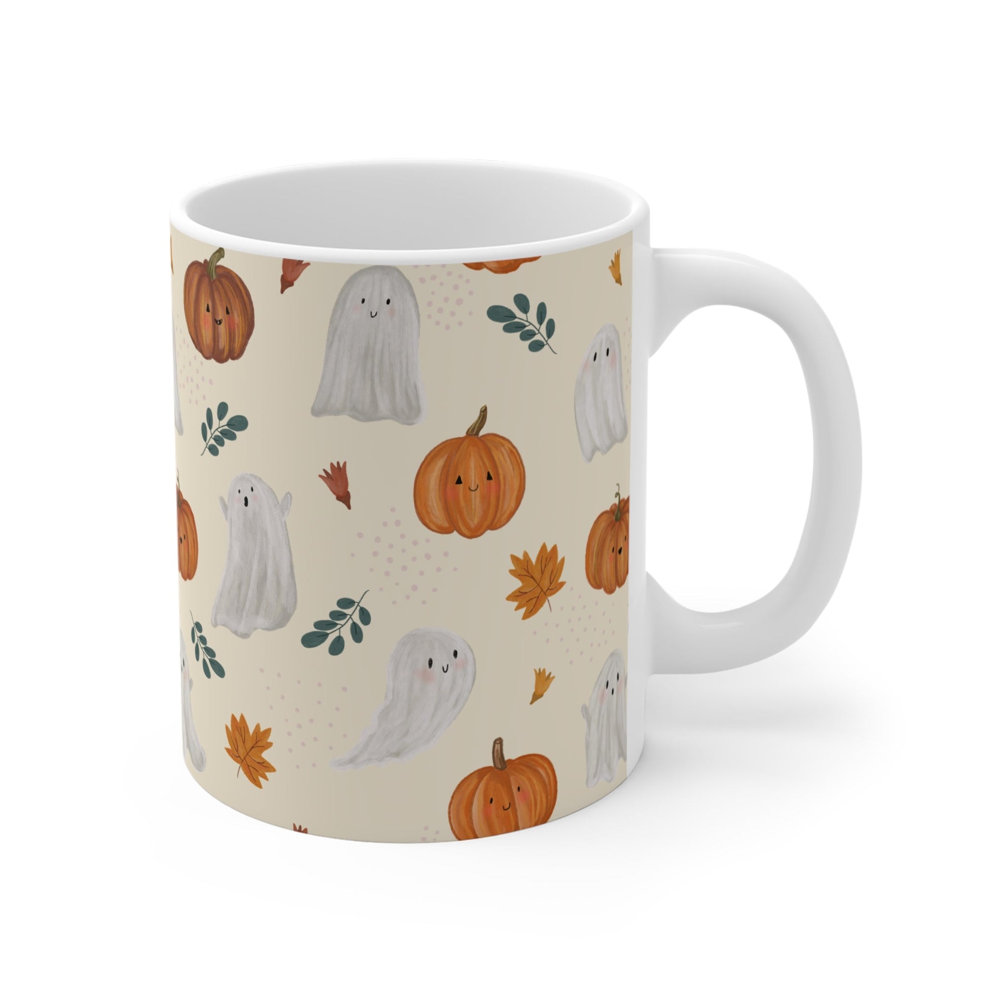 Autumn Ghosts Mug, Fall Coffee Cup, Halloween Drinkware, Cute Pumpkin Mug, Seasonal Ceramic Mug - MaisonThreadory