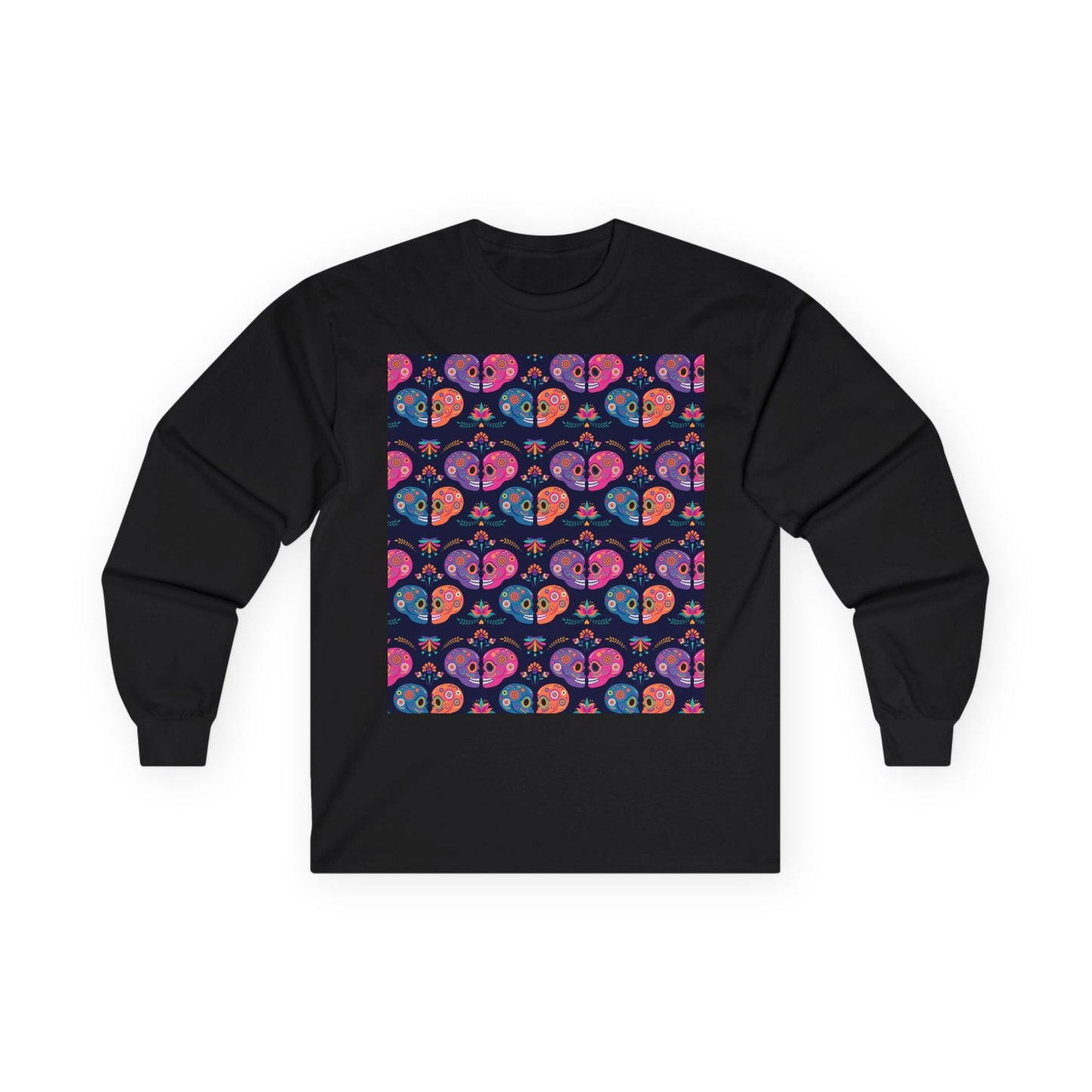 Día de los Muertos Long Sleeve Tee, Colorful Sugar Skull Shirt, Unisex Halloween Top, Festival Apparel, Celebrate Life - MaisonThreadory