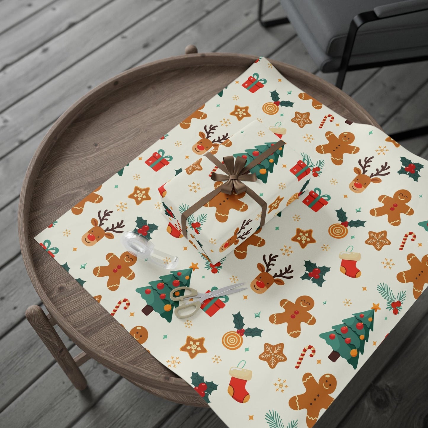 Christmas Gingerbread Wrapping Paper Roll — Holiday Gift Wrap with Trees, Reindeer & Cookies - MaisonThreadory