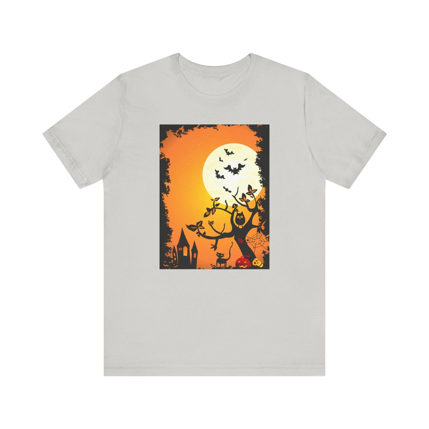 Halloween - Themed Unisex Tee, Spooky T-Shirt, Graphic Halloween Shirt, Fall Apparel, October Celebrations, Pumpkin and Bat Design - MaisonThreadory
