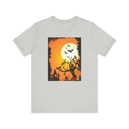 Halloween - Themed Unisex Tee, Spooky T-Shirt, Graphic Halloween Shirt, Fall Apparel, October Celebrations, Pumpkin and Bat Design - MaisonThreadory