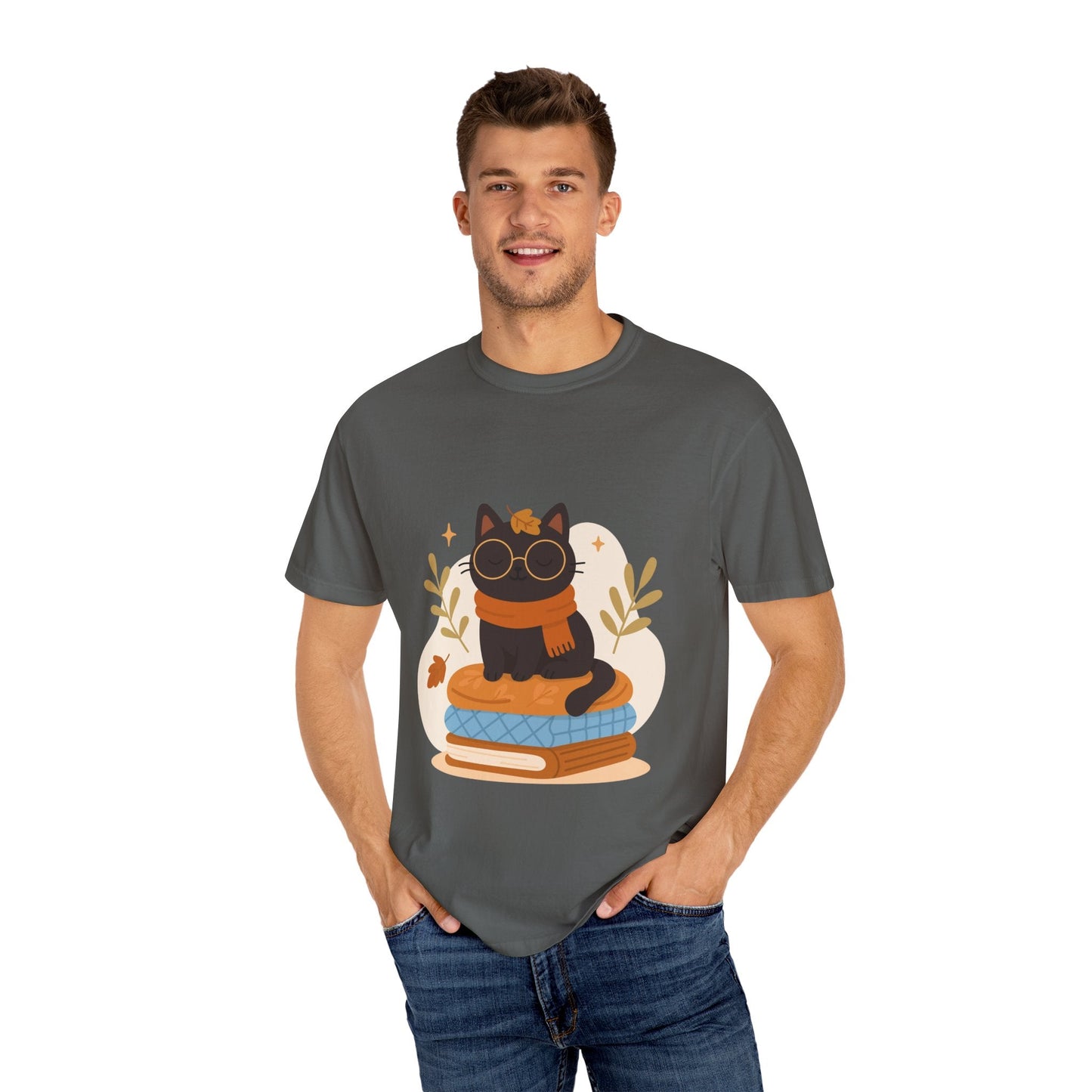 Charming Cat Graphic T-Shirt, Cozy Autumn Tee with Books and Glasses, Perfect for Cat Lovers, Gift for Bookworms, Unisex Fall Fashion - MaisonThreadory