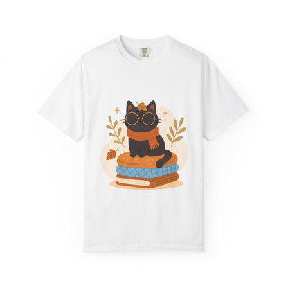 Charming Cat Graphic T-Shirt, Cozy Autumn Tee with Books and Glasses, Perfect for Cat Lovers, Gift for Bookworms, Unisex Fall Fashion - MaisonThreadory