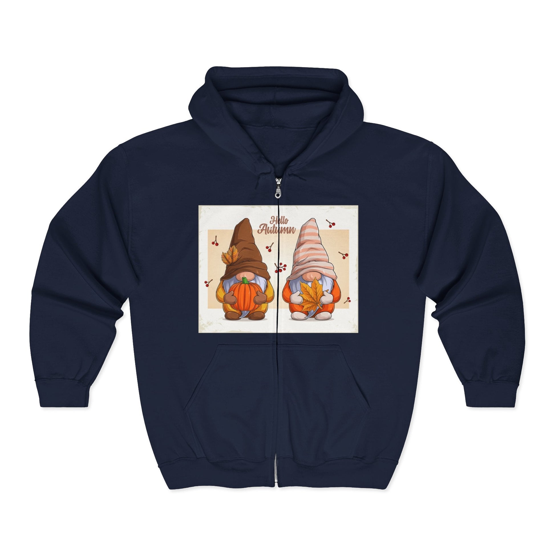 Autumn Gnome Full Zip Hoodie | Cozy Fall Wear, Gift for Gnome Lovers, Halloween Sweatshirt, Thanksgiving Apparel, Seasonal Fashion - MaisonThreadory