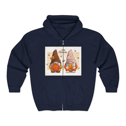 Autumn Gnome Full Zip Hoodie | Cozy Fall Wear, Gift for Gnome Lovers, Halloween Sweatshirt, Thanksgiving Apparel, Seasonal Fashion - MaisonThreadory