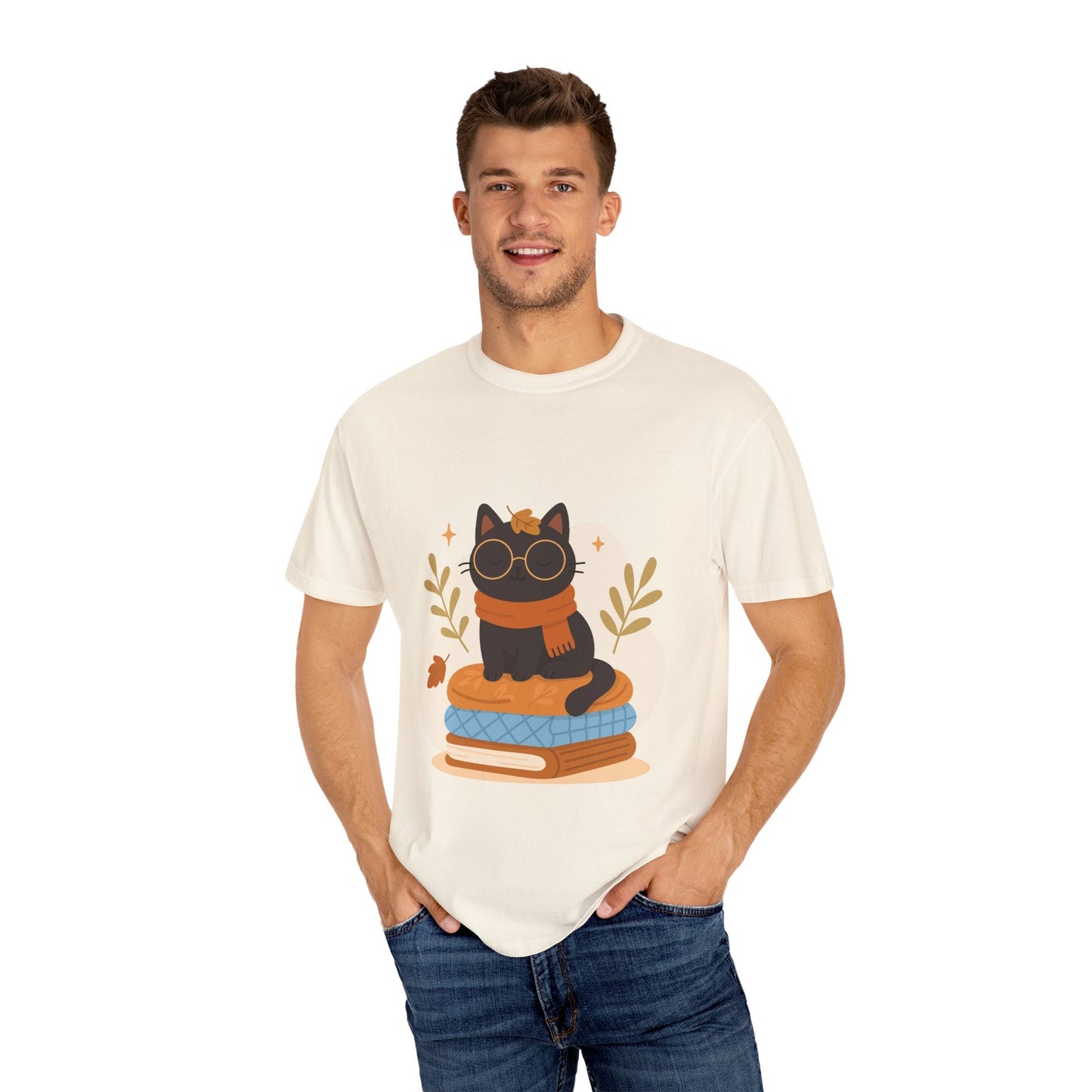Charming Cat Graphic T-Shirt, Cozy Autumn Tee with Books and Glasses, Perfect for Cat Lovers, Gift for Bookworms, Unisex Fall Fashion - MaisonThreadory