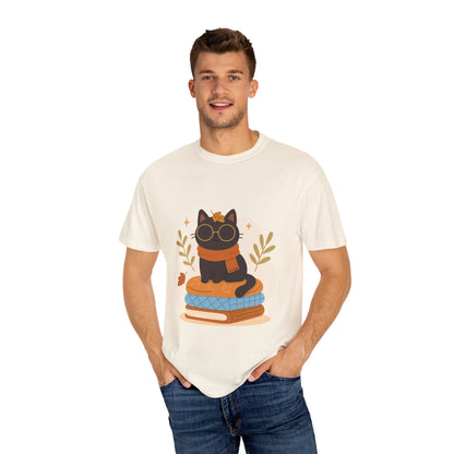 Charming Cat Graphic T-Shirt, Cozy Autumn Tee with Books and Glasses, Perfect for Cat Lovers, Gift for Bookworms, Unisex Fall Fashion - MaisonThreadory