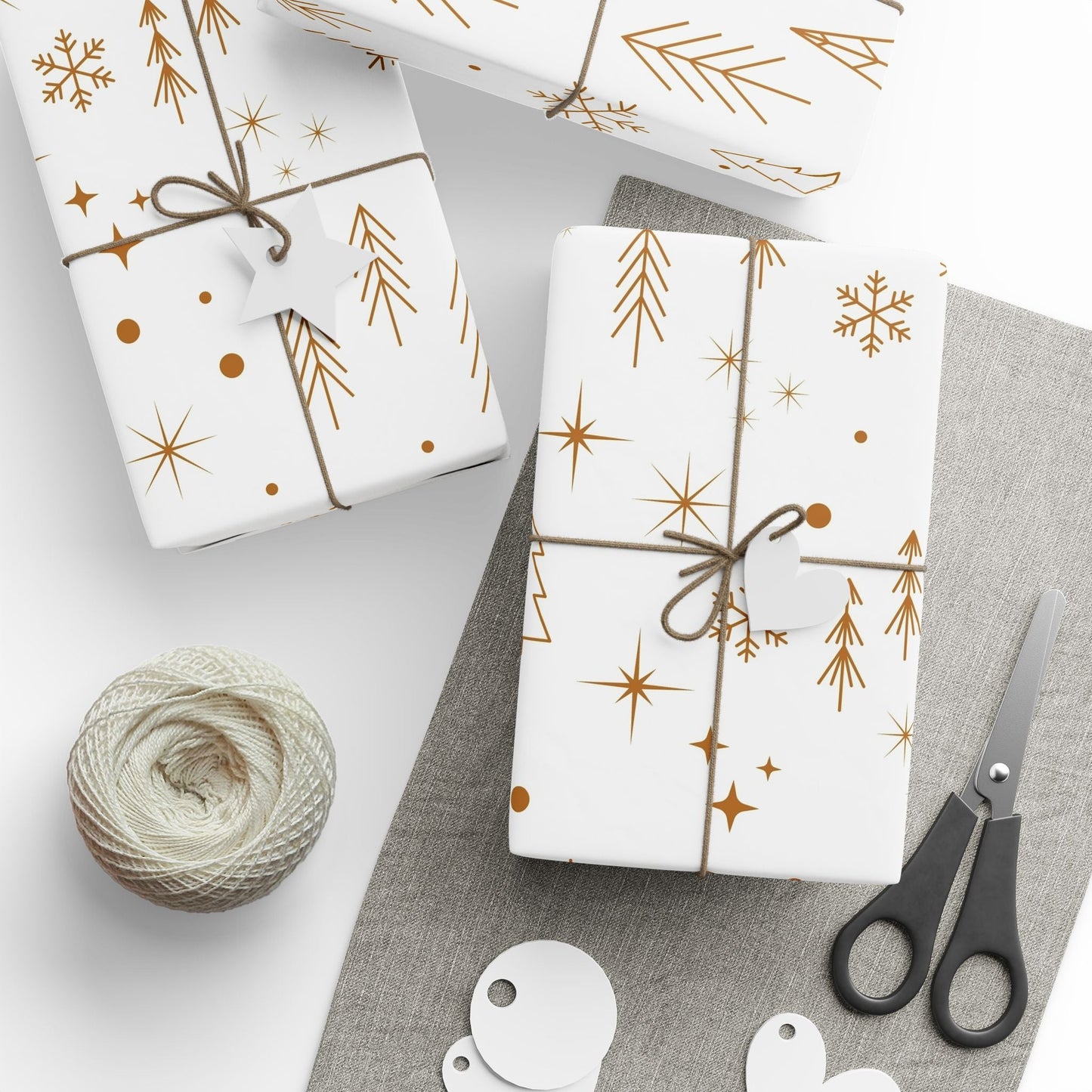Holiday Gold Tree Wrapping Paper — Minimal White & Metallic Christmas Gift Wrap - MaisonThreadory