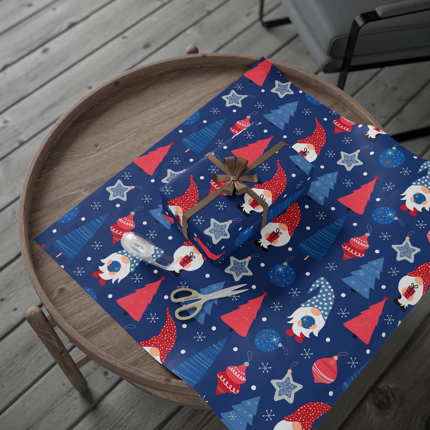 Christmas Gnome Wrapping Paper Roll — Blue Holiday Gift Wrap with Trees & Ornaments - MaisonThreadory