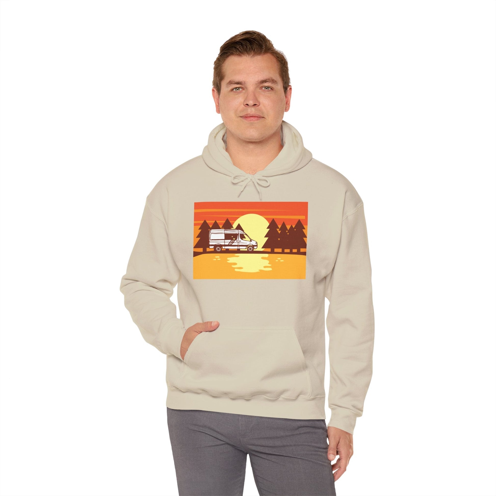 Retro Camping Sunset Hoodie, Cozy Outdoor Sweatshirt, Fall Vibes Pullover, Unisex Nature Gift, Adventure Hoodie - MaisonThreadory