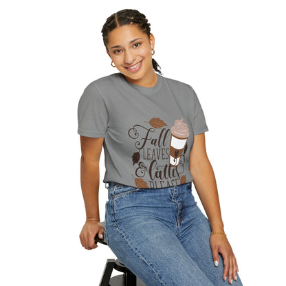 Fall Leaves & Lattes Unisex T-Shirt, Cozy Autumn Tee, Perfect for Fall, Coffee Lovers Gift, Seasonal Fashion Statement, Thanksgiving Shirt - MaisonThreadory