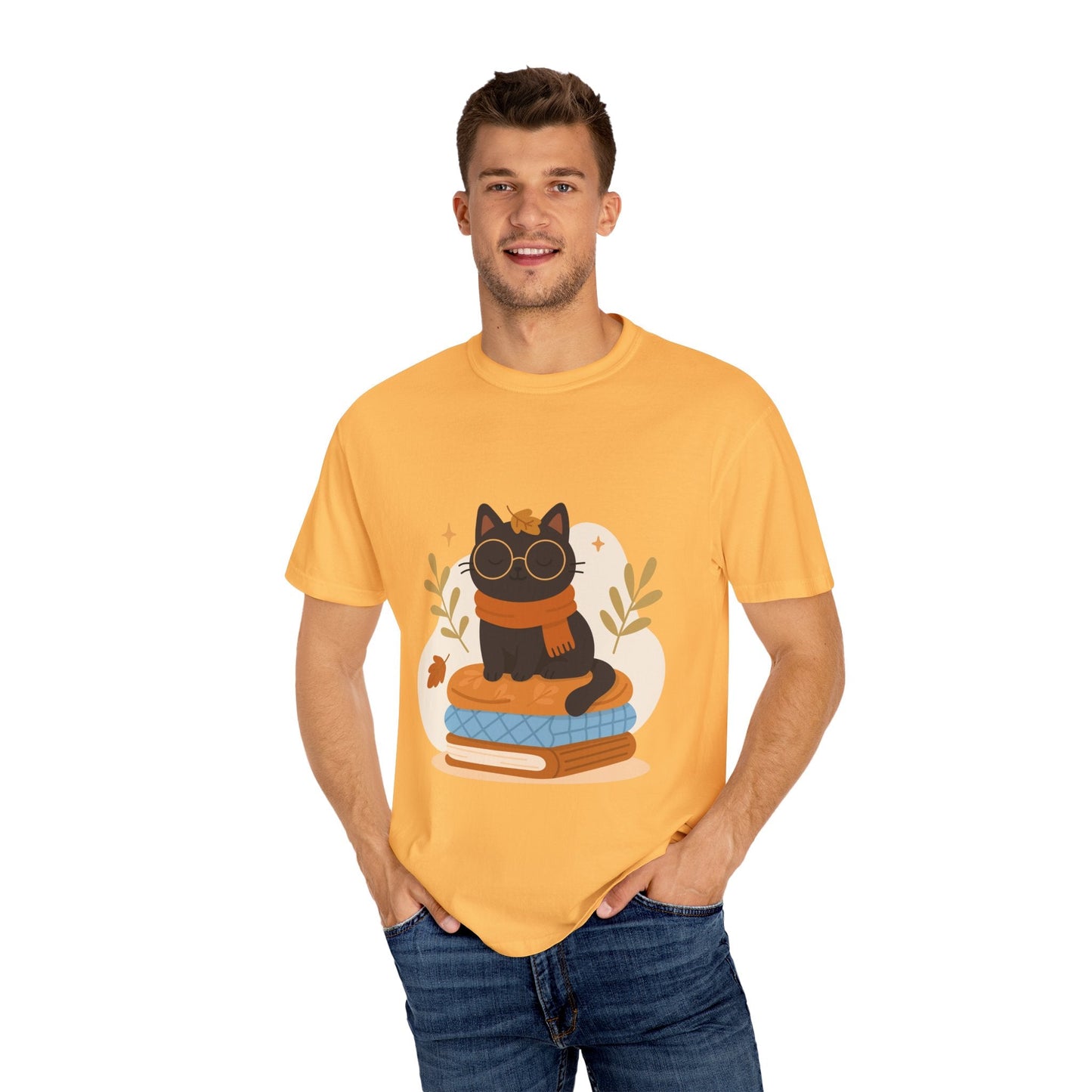 Charming Cat Graphic T-Shirt, Cozy Autumn Tee with Books and Glasses, Perfect for Cat Lovers, Gift for Bookworms, Unisex Fall Fashion - MaisonThreadory