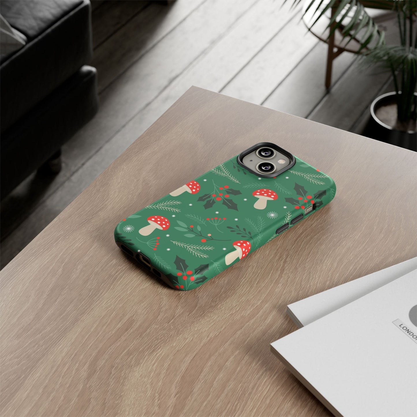 Festive Mushroom Phone Case, Colorful Holiday Case, Christmas Gift, Winter Vibes, Eco - Friendly Phone Cover - MaisonThreadory