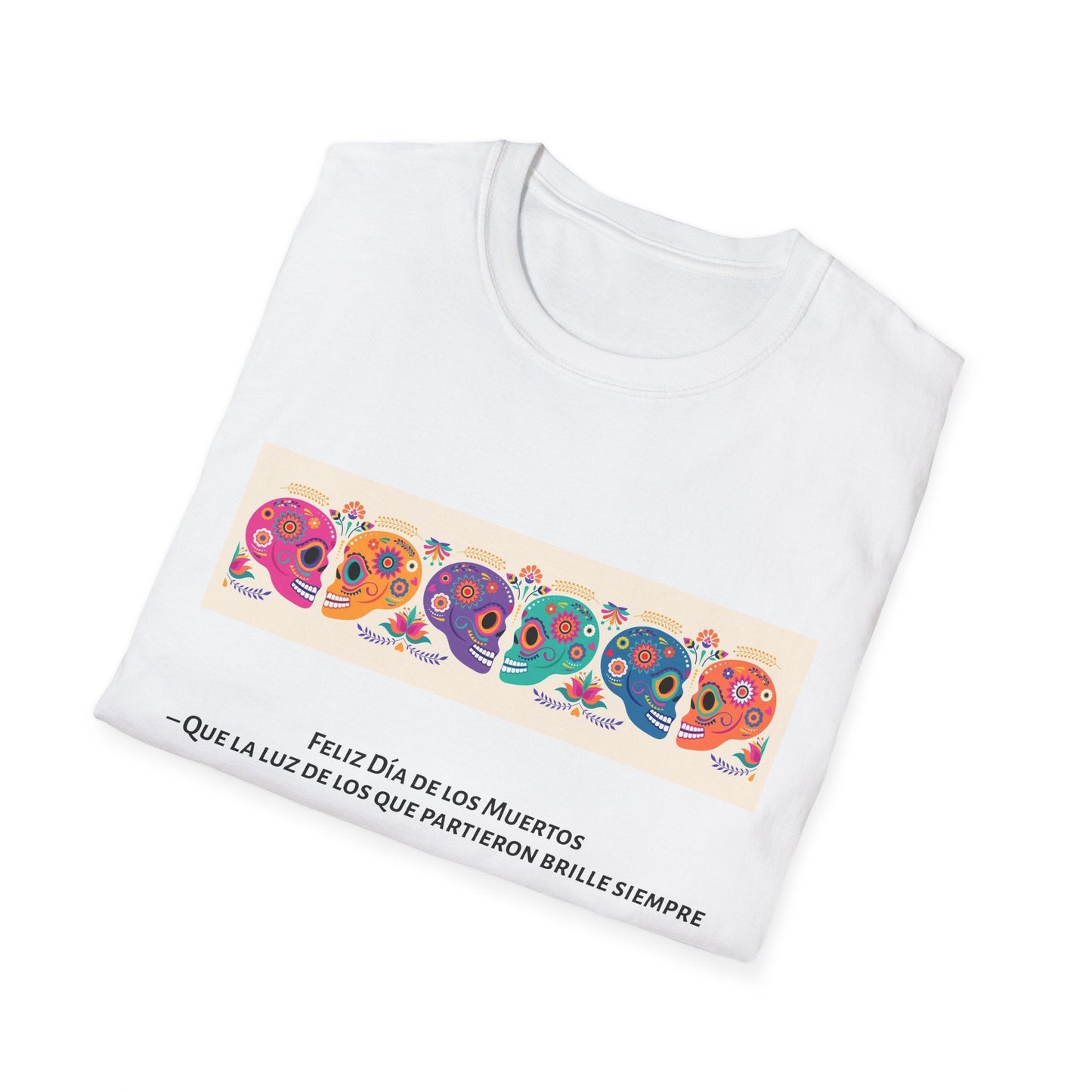 Colorful Day of the Dead T-Shirt | Unisex Softstyle Tee, Festive Skull Design, Halloween, Mexican Culture, Gift for Him/Her - MaisonThreadory