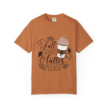 Fall Leaves & Lattes Unisex T-Shirt, Cozy Autumn Tee, Perfect for Fall, Coffee Lovers Gift, Seasonal Fashion Statement, Thanksgiving Shirt - MaisonThreadory