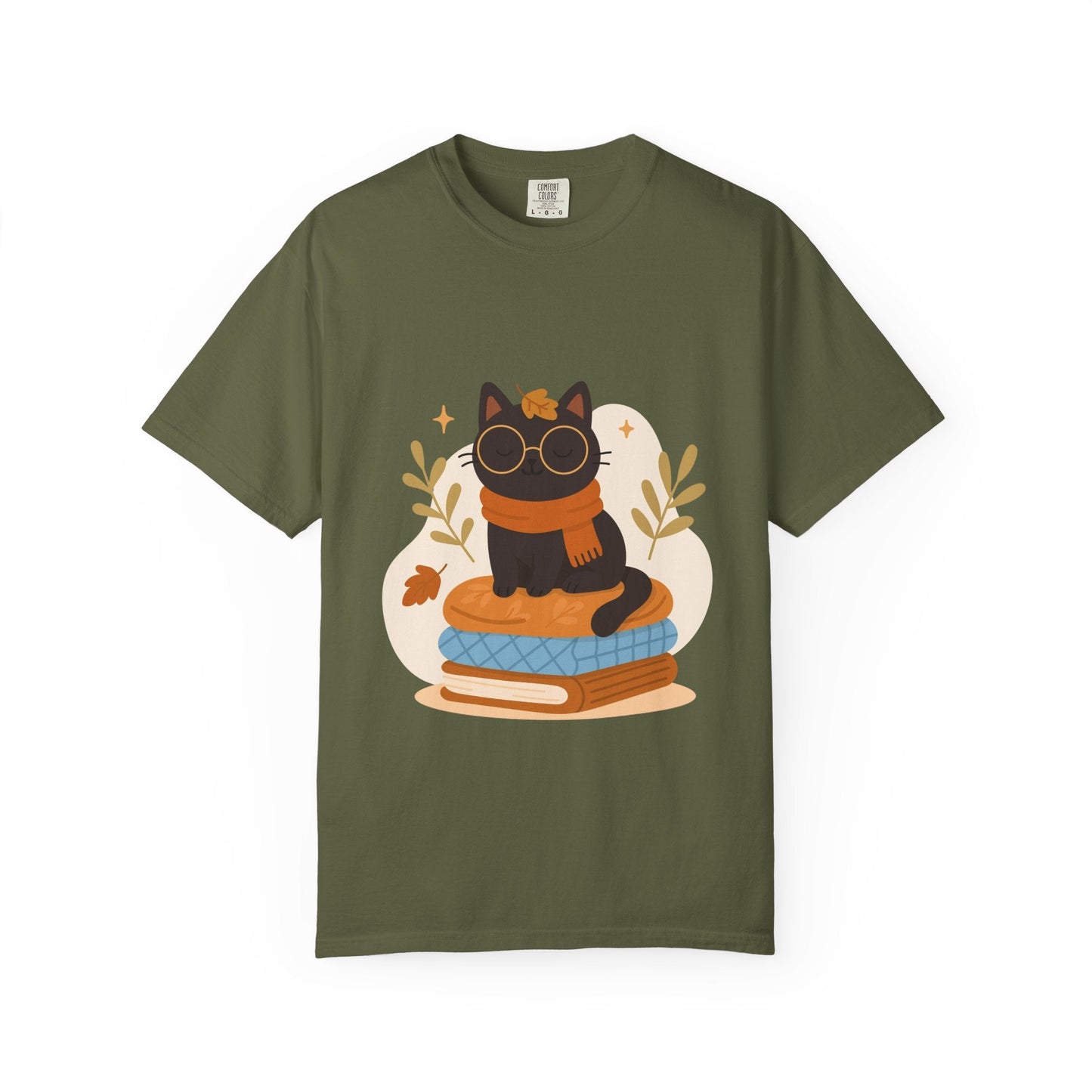 Charming Cat Graphic T-Shirt, Cozy Autumn Tee with Books and Glasses, Perfect for Cat Lovers, Gift for Bookworms, Unisex Fall Fashion - MaisonThreadory