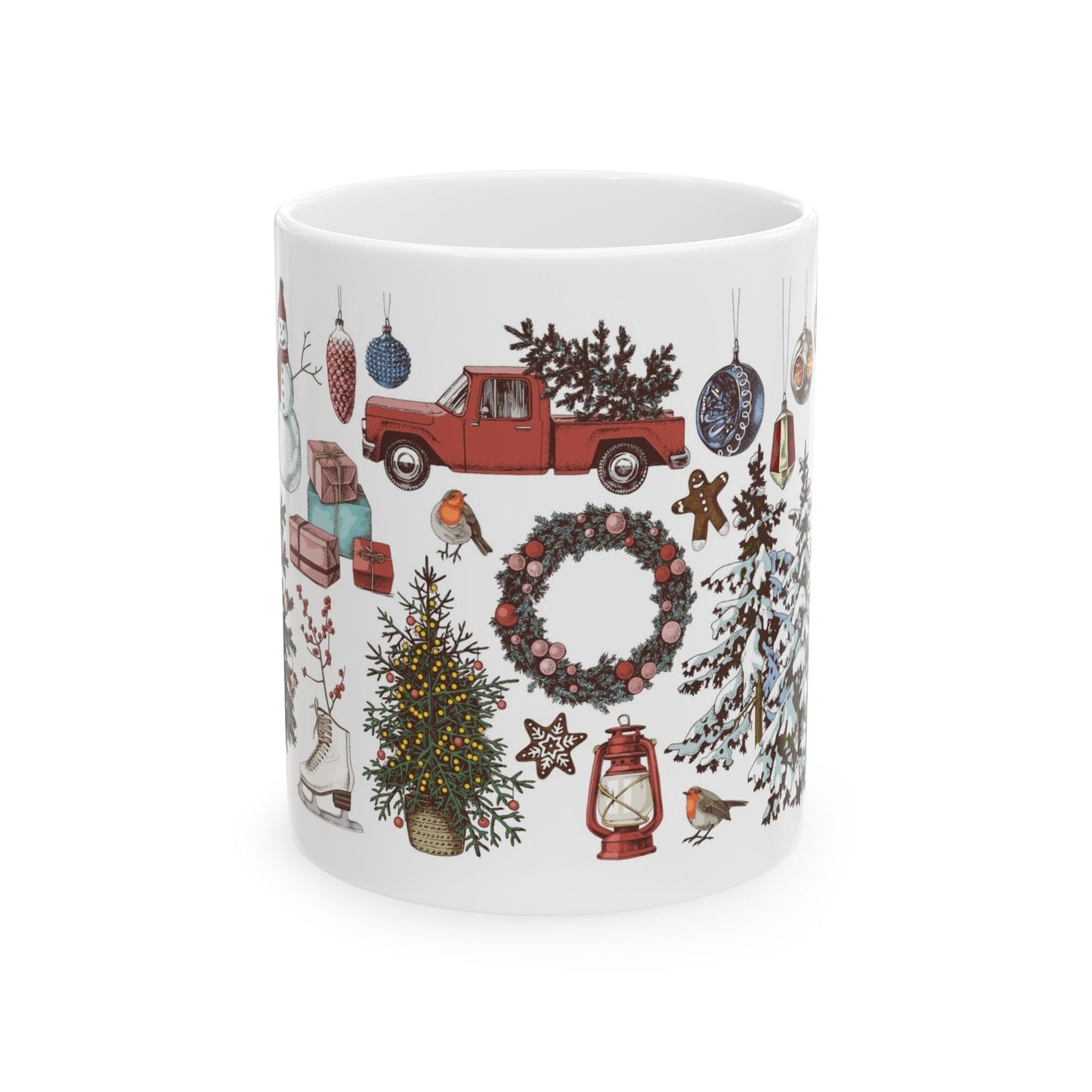 Festive Ceramic Mug - Christmas Nature Designs, Holiday Gift for Coffee Lovers, Winter Decor, Hot Cocoa Mug, Tree and Truck Art - MaisonThreadory