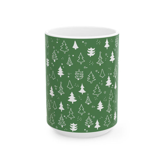 Festive Green Trees Ceramic Mug | Christmas Gifts, Coffee Lover Mug, Holiday Drinkware, Eco - Friendly Gift, Winter Decor - MaisonThreadory