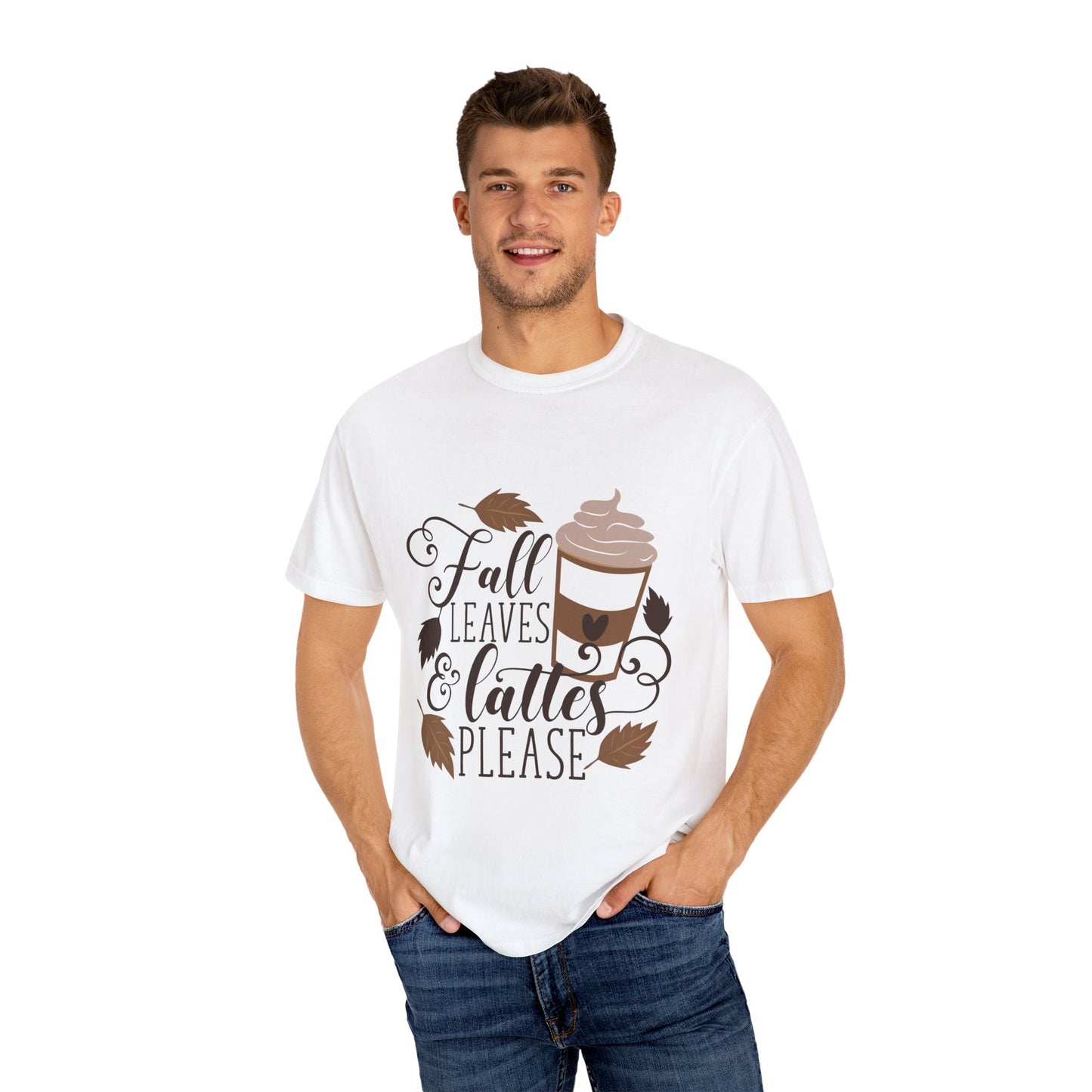 Fall Leaves & Lattes Unisex T-Shirt, Cozy Autumn Tee, Perfect for Fall, Coffee Lovers Gift, Seasonal Fashion Statement, Thanksgiving Shirt - MaisonThreadory