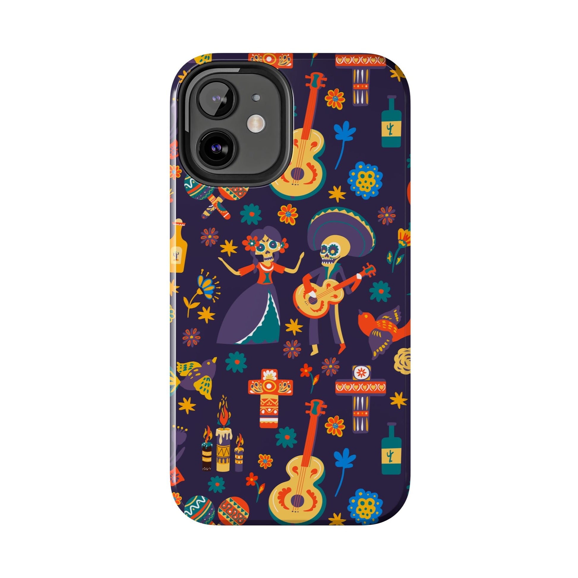 Colorful Dia de los Muertos Phone Case, Tough Case for Halloween, Gift for Music Lovers, Floral Phone Cover, Sugar Skull Art - MaisonThreadory