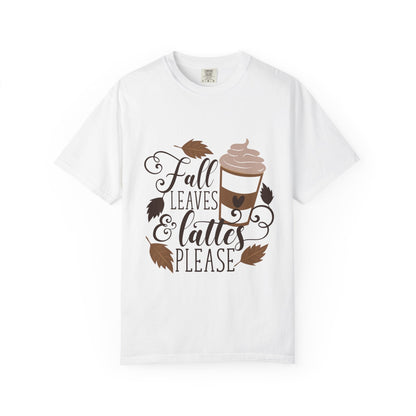 Fall Leaves & Lattes Unisex T-Shirt, Cozy Autumn Tee, Perfect for Fall, Coffee Lovers Gift, Seasonal Fashion Statement, Thanksgiving Shirt - MaisonThreadory
