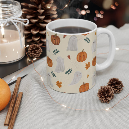 Autumn Ghosts Mug, Fall Coffee Cup, Halloween Drinkware, Cute Pumpkin Mug, Seasonal Ceramic Mug - MaisonThreadory