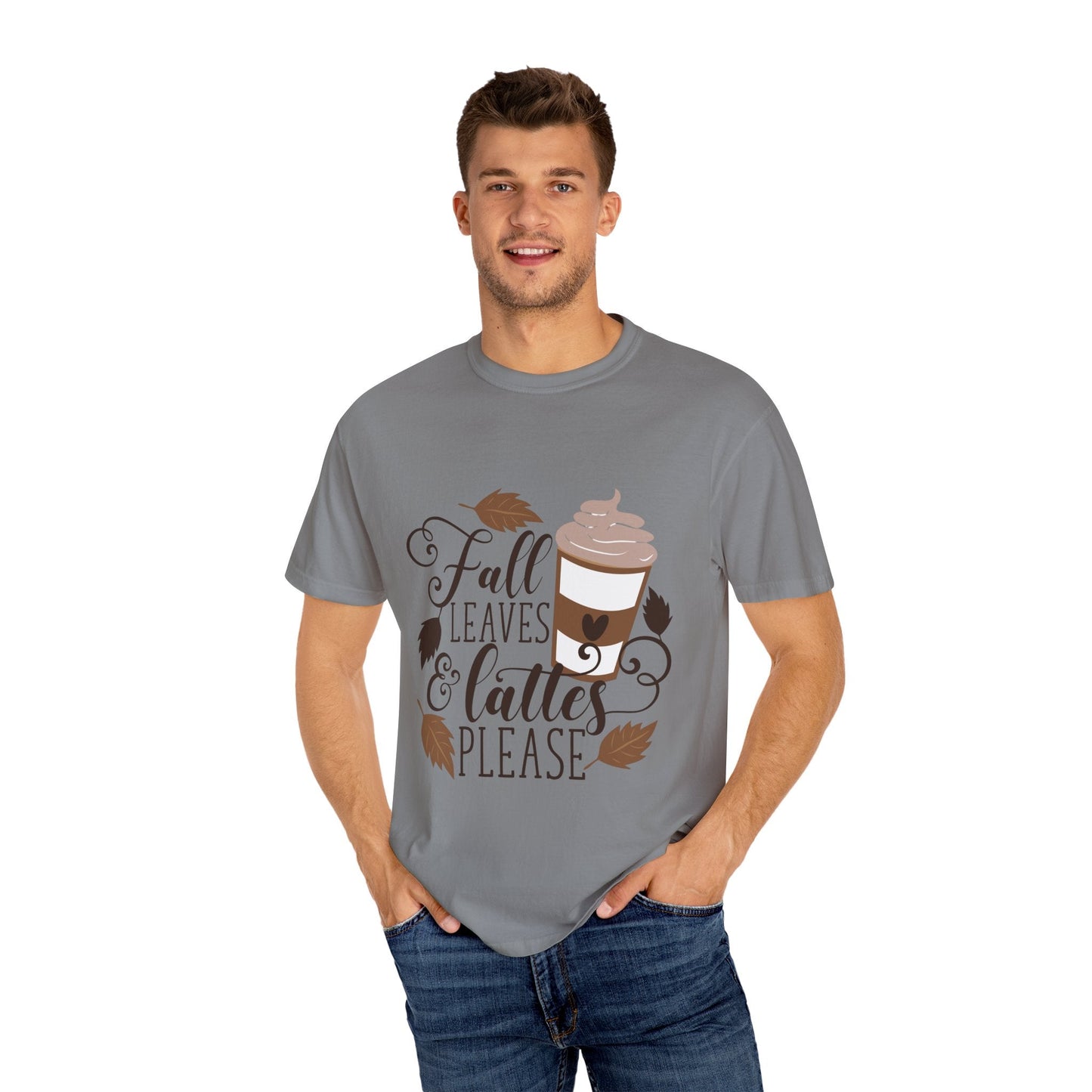 Fall Leaves & Lattes Unisex T-Shirt, Cozy Autumn Tee, Perfect for Fall, Coffee Lovers Gift, Seasonal Fashion Statement, Thanksgiving Shirt - MaisonThreadory