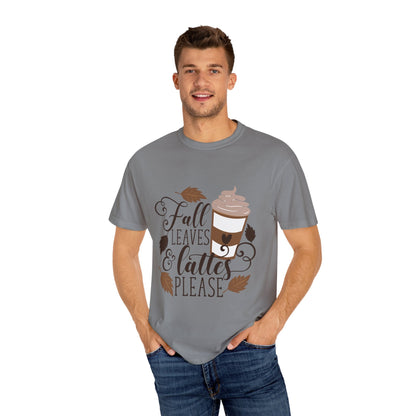 Fall Leaves & Lattes Unisex T-Shirt, Cozy Autumn Tee, Perfect for Fall, Coffee Lovers Gift, Seasonal Fashion Statement, Thanksgiving Shirt - MaisonThreadory