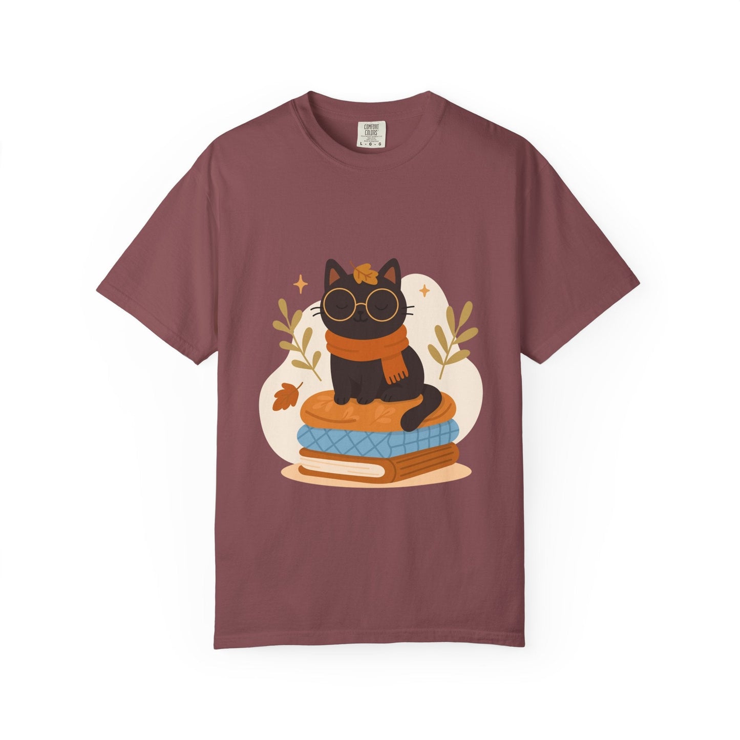 Charming Cat Graphic T-Shirt, Cozy Autumn Tee with Books and Glasses, Perfect for Cat Lovers, Gift for Bookworms, Unisex Fall Fashion - MaisonThreadory