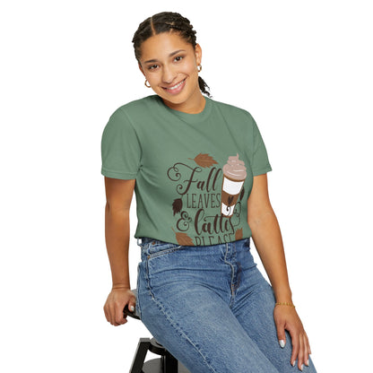 Fall Leaves & Lattes Unisex T-Shirt, Cozy Autumn Tee, Perfect for Fall, Coffee Lovers Gift, Seasonal Fashion Statement, Thanksgiving Shirt - MaisonThreadory
