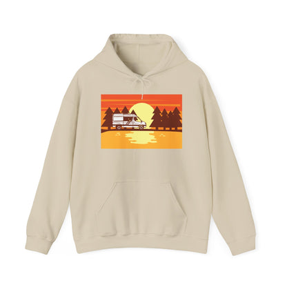 Retro Camping Sunset Hoodie, Cozy Outdoor Sweatshirt, Fall Vibes Pullover, Unisex Nature Gift, Adventure Hoodie - MaisonThreadory