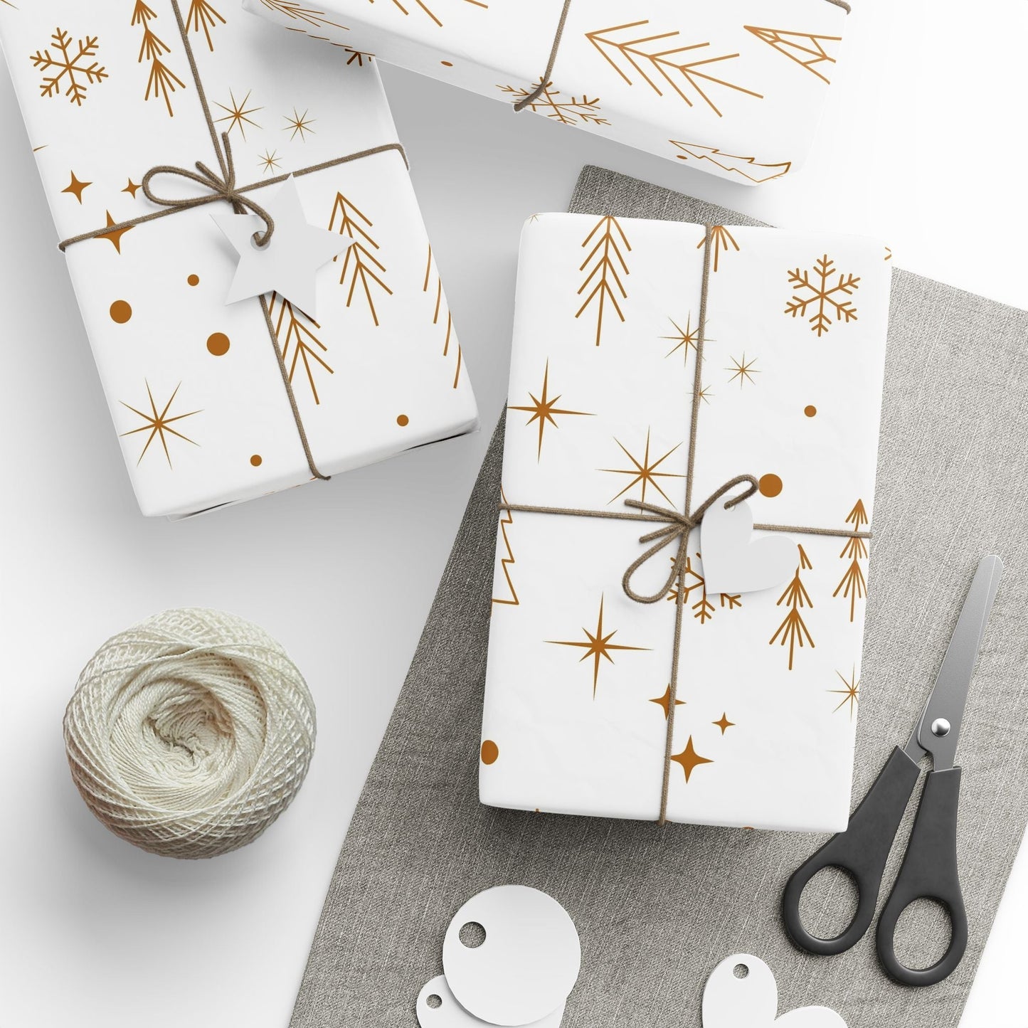 Holiday Gold Tree Wrapping Paper — Minimal White & Metallic Christmas Gift Wrap - MaisonThreadory
