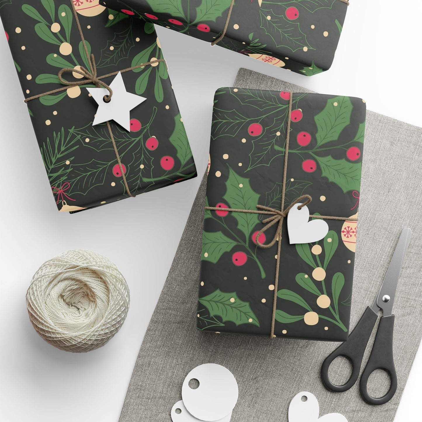 Holiday Holly & Baubles Wrapping Paper — Festive Christmas Gift Wrap - MaisonThreadory