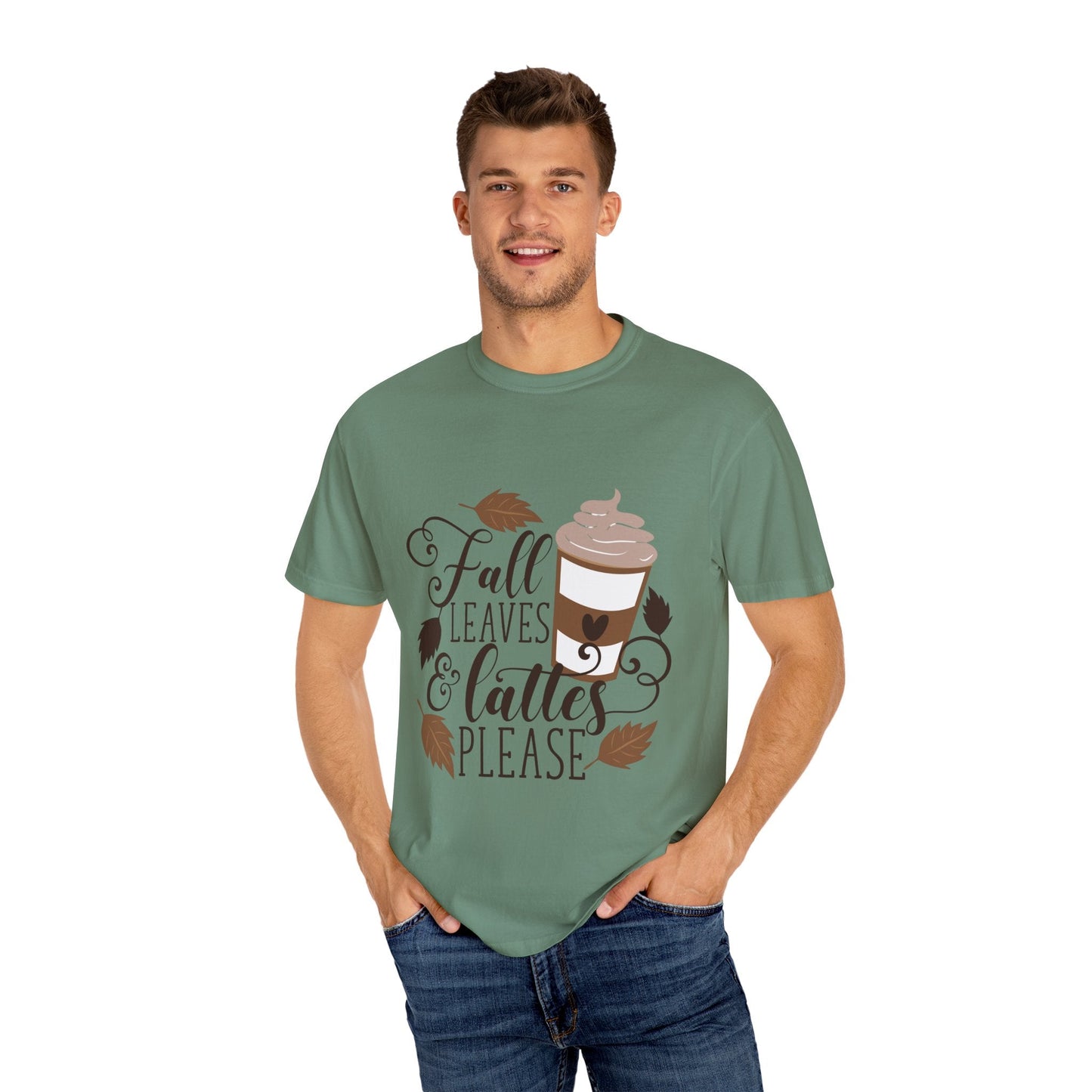 Fall Leaves & Lattes Unisex T-Shirt, Cozy Autumn Tee, Perfect for Fall, Coffee Lovers Gift, Seasonal Fashion Statement, Thanksgiving Shirt - MaisonThreadory