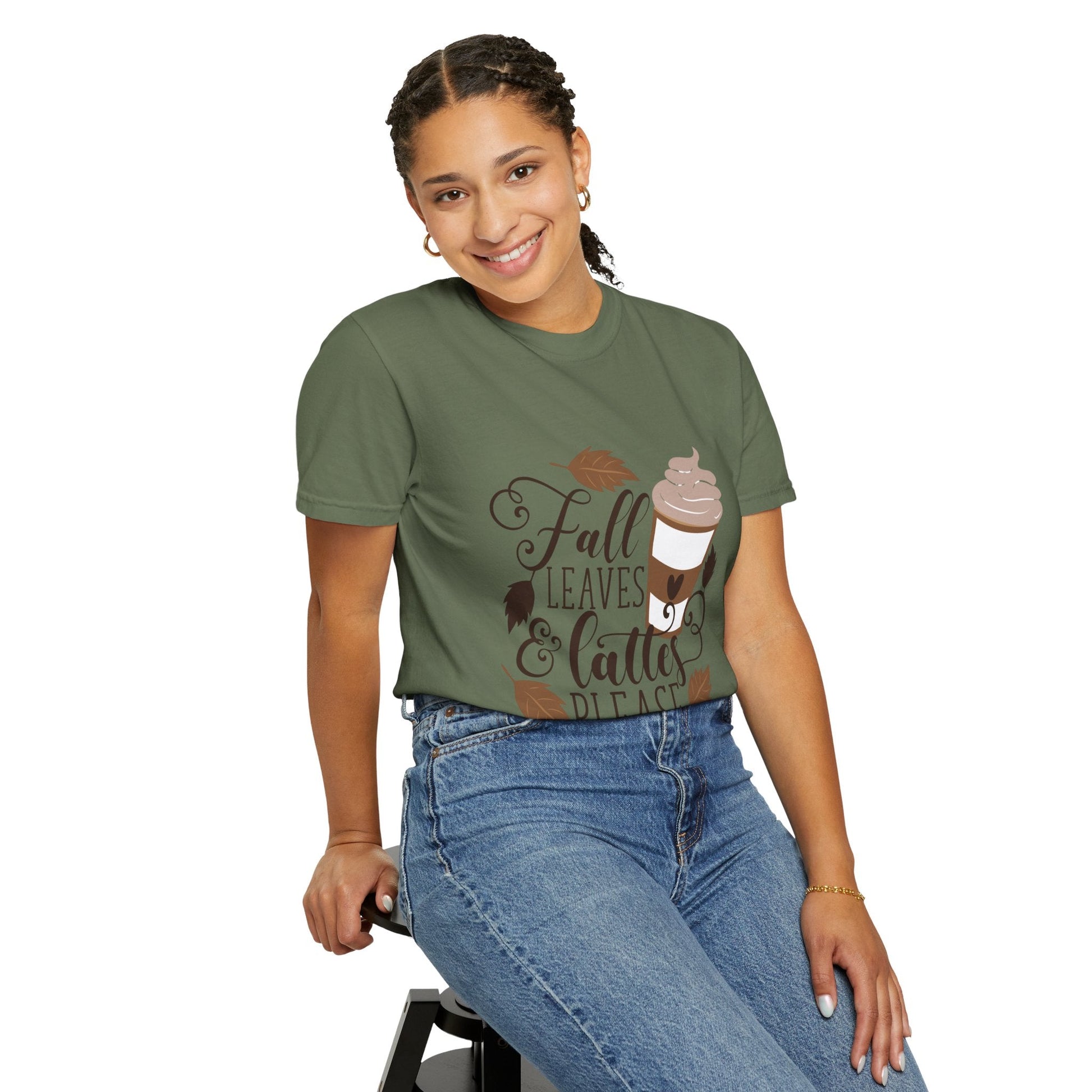 Fall Leaves & Lattes Unisex T-Shirt, Cozy Autumn Tee, Perfect for Fall, Coffee Lovers Gift, Seasonal Fashion Statement, Thanksgiving Shirt - MaisonThreadory