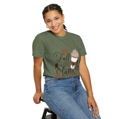 Fall Leaves & Lattes Unisex T-Shirt, Cozy Autumn Tee, Perfect for Fall, Coffee Lovers Gift, Seasonal Fashion Statement, Thanksgiving Shirt - MaisonThreadory