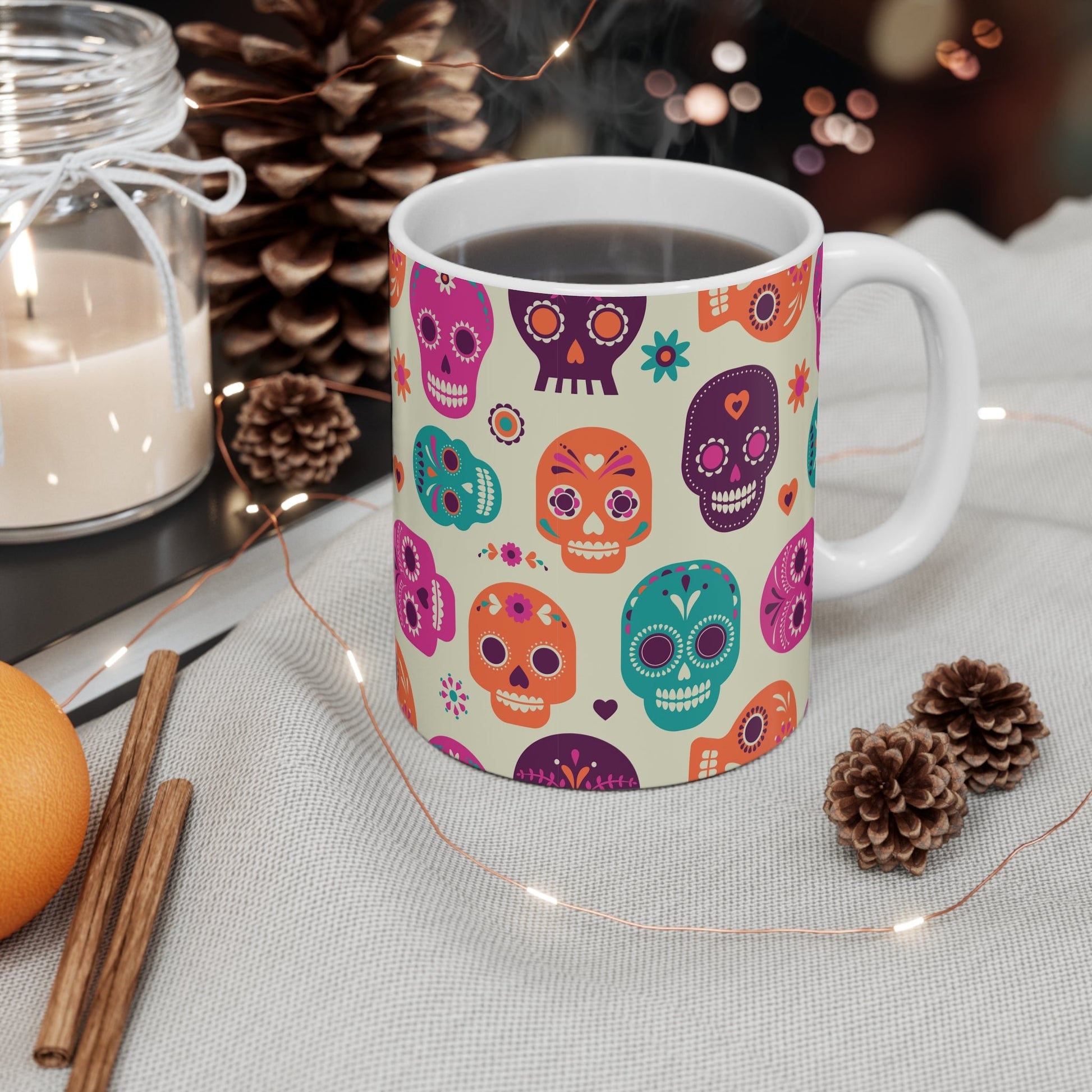 Dia de los Muertos Mug 11oz - Day of the Dead Coffee Cup, Halloween Kitchen Decor, Festival Gift, Sugar Skull Tea Mug, Mexican Holiday - MaisonThreadory