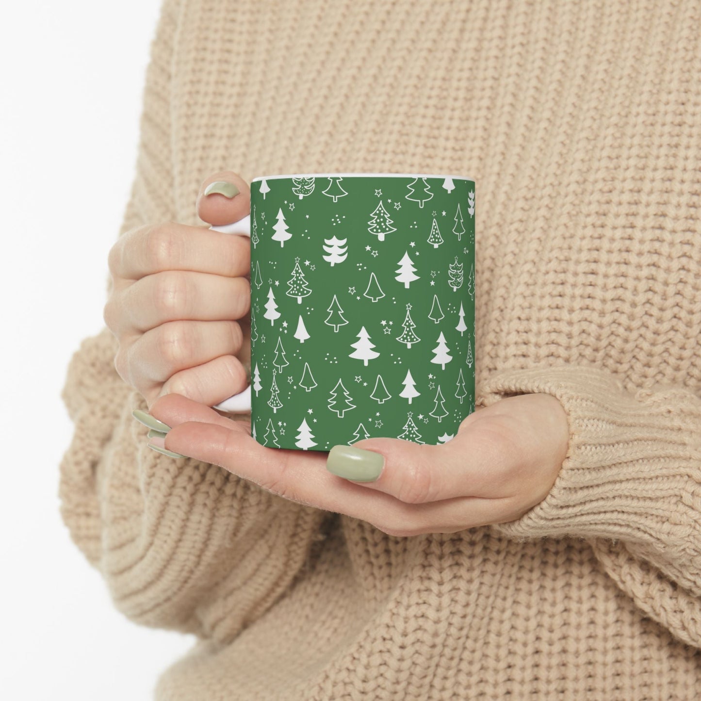 Festive Green Trees Ceramic Mug | Christmas Gifts, Coffee Lover Mug, Holiday Drinkware, Eco - Friendly Gift, Winter Decor - MaisonThreadory