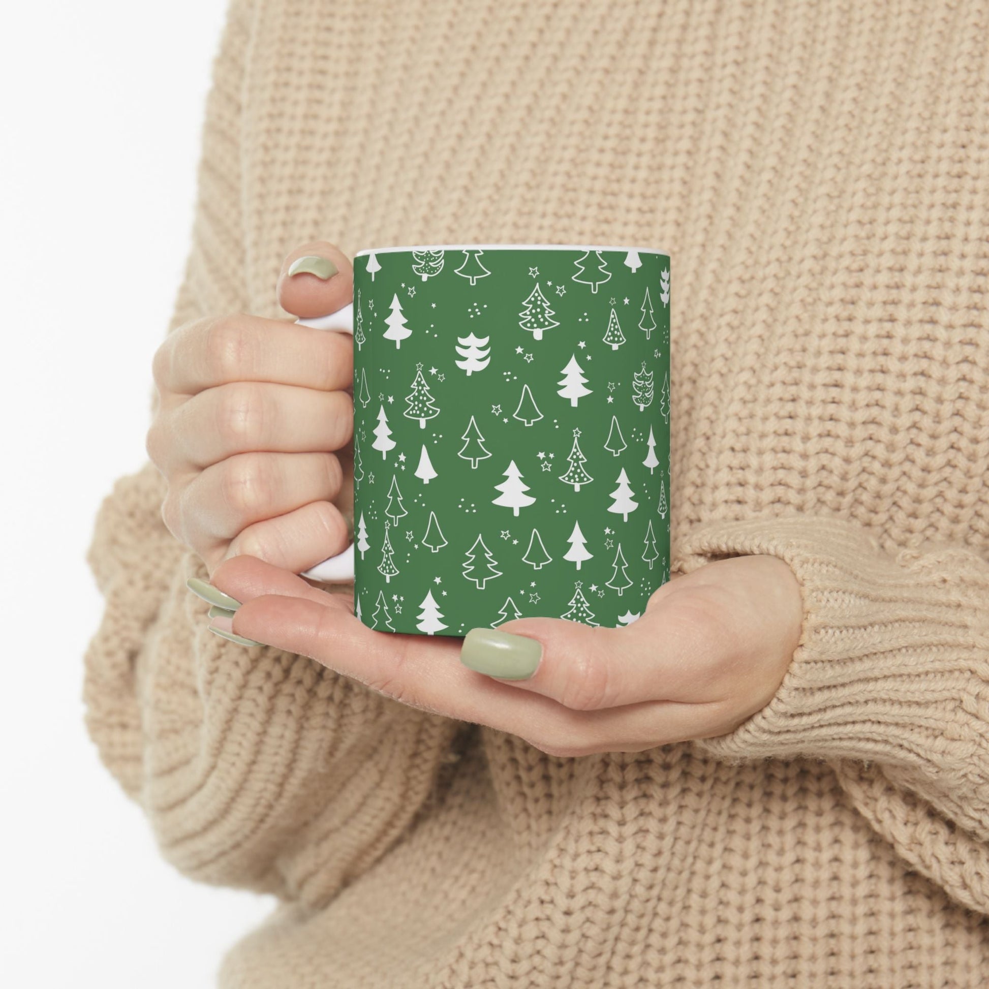 Festive Green Trees Ceramic Mug | Christmas Gifts, Coffee Lover Mug, Holiday Drinkware, Eco - Friendly Gift, Winter Decor - MaisonThreadory