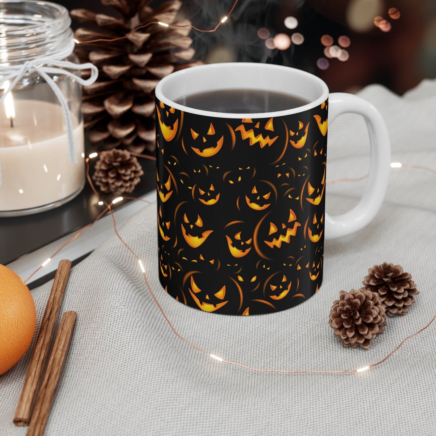 Halloween Pumpkin Mug - 11oz Coffee Cup for Spooky Season, Halloween Decor, Fall Gift, Seasonal Beverage Mug, Jack - o' - lantern Design - MaisonThreadory