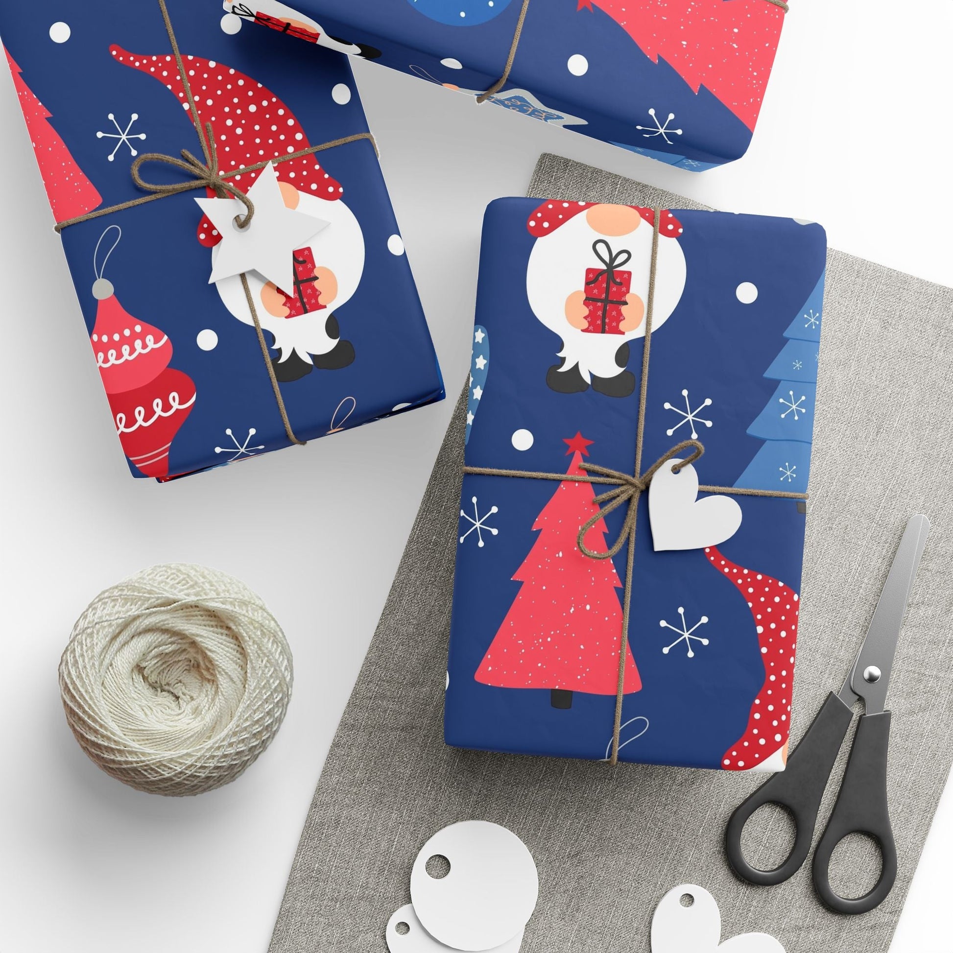 Christmas Gnome Wrapping Paper Roll — Blue Holiday Gift Wrap with Trees & Ornaments - MaisonThreadory