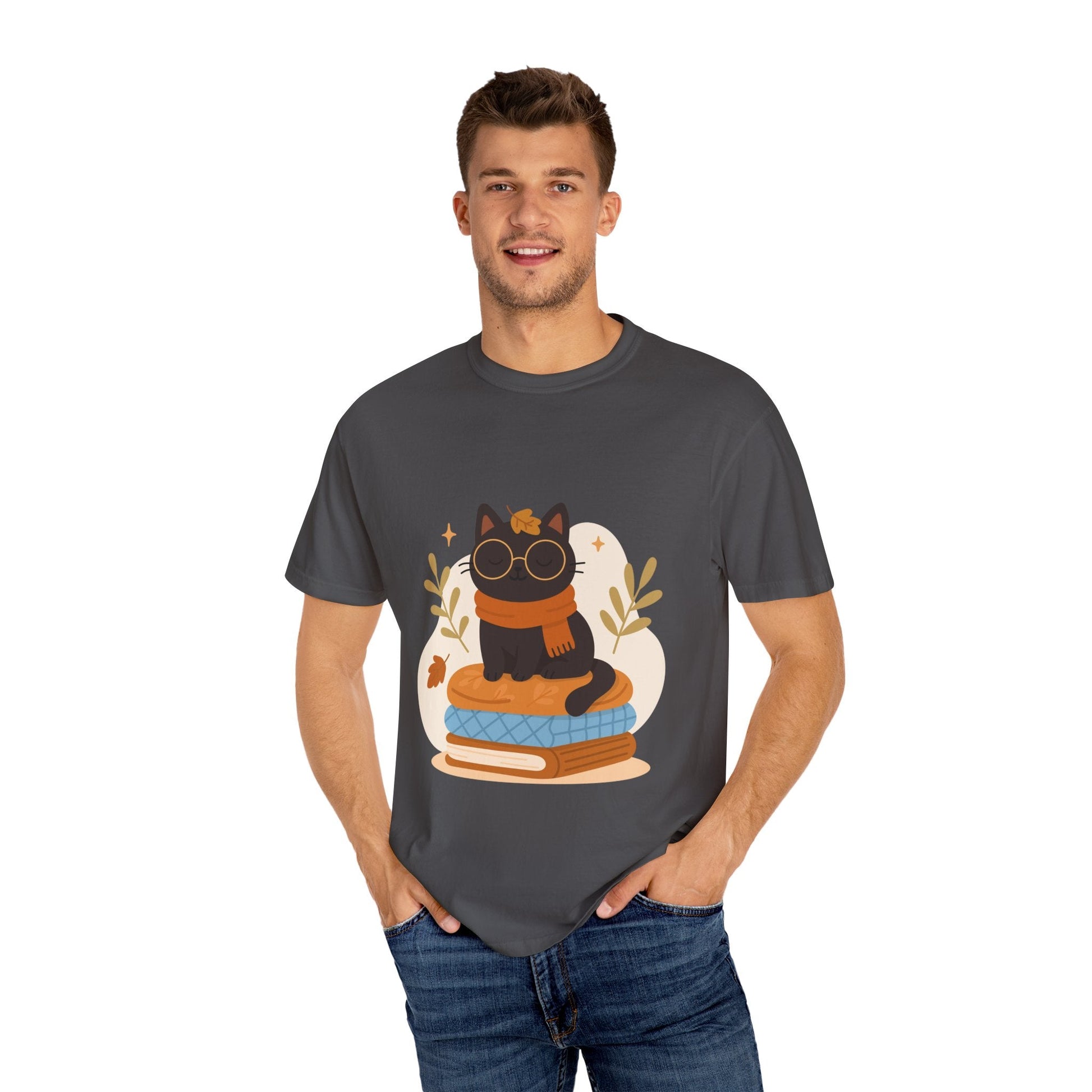 Charming Cat Graphic T-Shirt, Cozy Autumn Tee with Books and Glasses, Perfect for Cat Lovers, Gift for Bookworms, Unisex Fall Fashion - MaisonThreadory