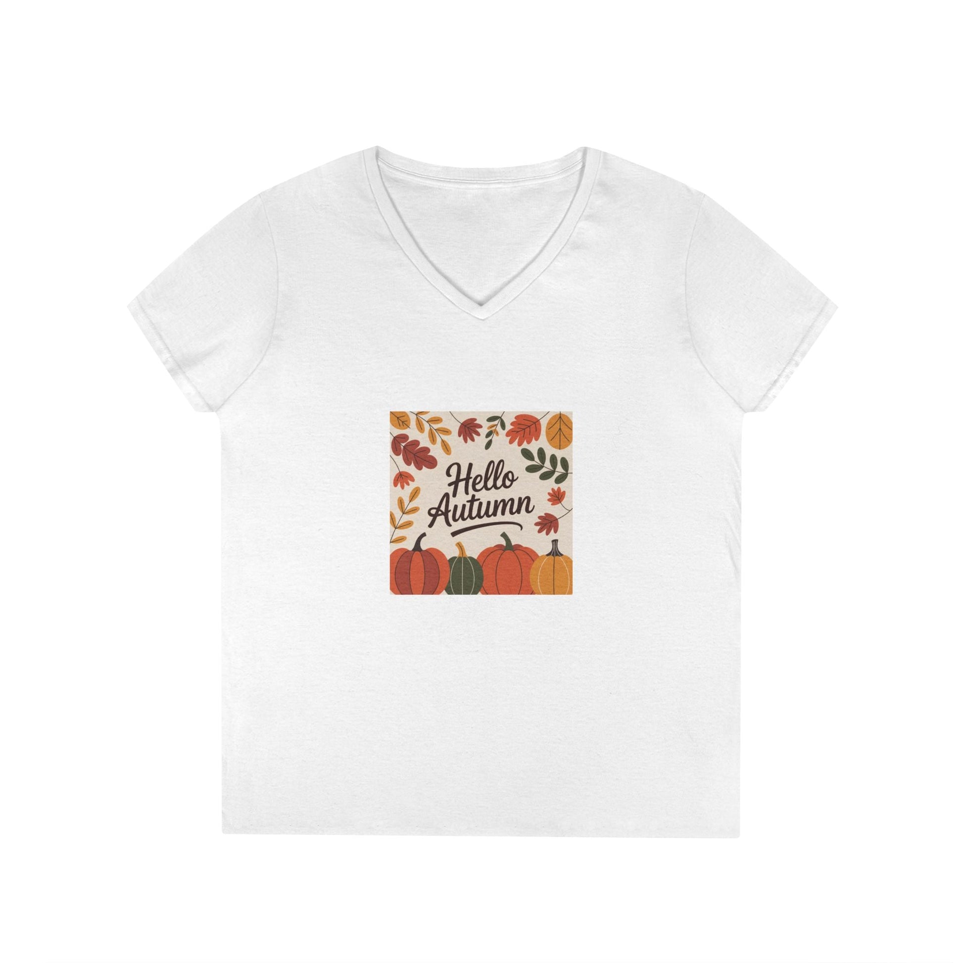 Autumn V - Neck Tee - Hello Autumn, Fall Fashion, Seasonal Top, Thanksgiving Shirt, Cozy Autumn Wear - MaisonThreadory