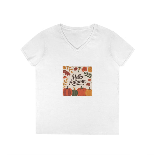 Autumn V - Neck Tee - Hello Autumn, Fall Fashion, Seasonal Top, Thanksgiving Shirt, Cozy Autumn Wear - MaisonThreadory