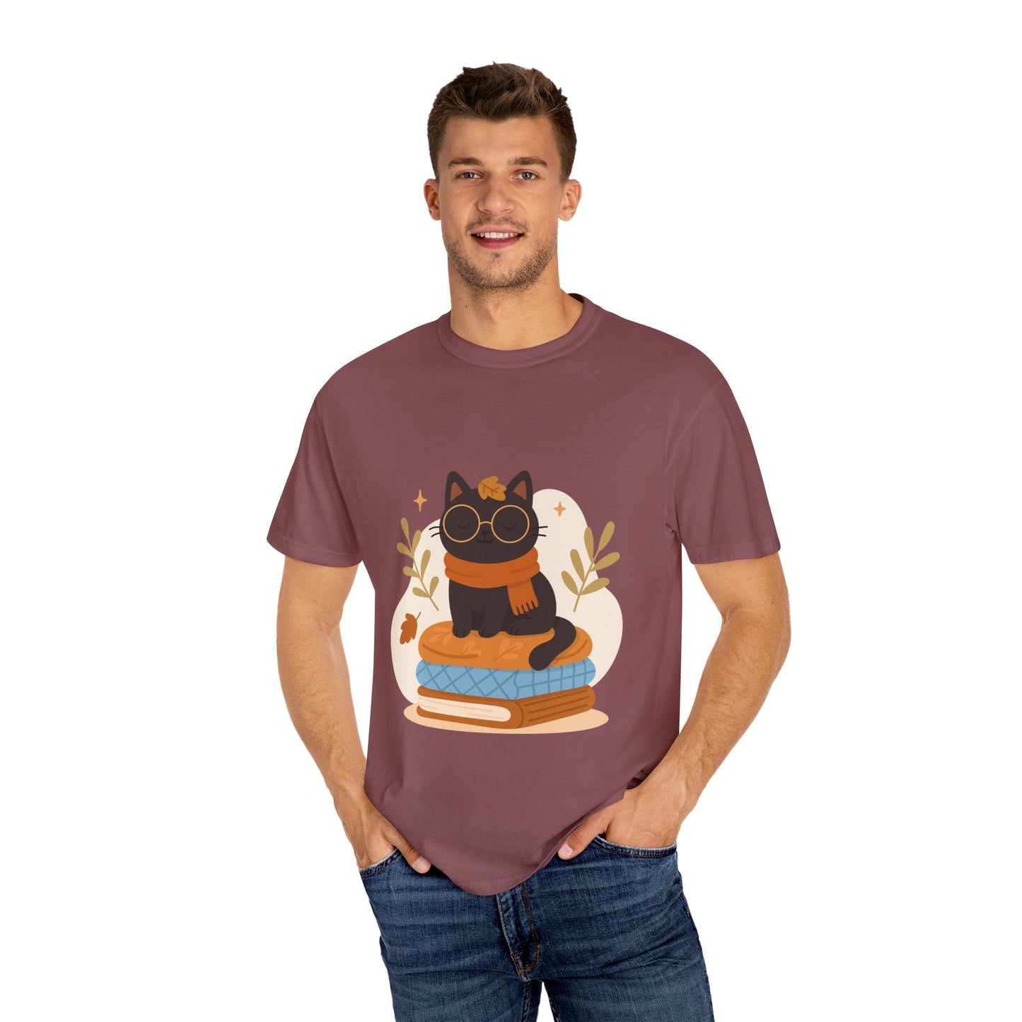 Charming Cat Graphic T-Shirt, Cozy Autumn Tee with Books and Glasses, Perfect for Cat Lovers, Gift for Bookworms, Unisex Fall Fashion - MaisonThreadory